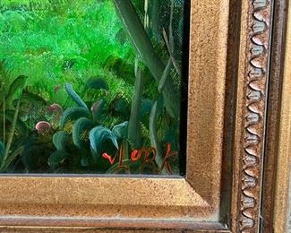 GARDEN OIL PAINTING | Original painting, oil on canvas, showing a garden pathway leading to a stone fountain, signed lower right "V Lork", in a gilt frame with carved floral motifs