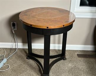 PATINA COPPER SIDE TABLE | Round side table with patina copper top and black metal frame; h. 26-1/2 x 23-1/2 in.