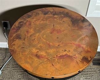 PATINA COPPER SIDE TABLE | Round side table with patina copper top and black metal frame; h. 26-1/2 x 23-1/2 in.
