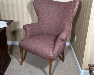 WINGBACK ARM CHAIR | Fabric upholstery with carved wood sabre legs; h. 40 x 33 x 32 in.