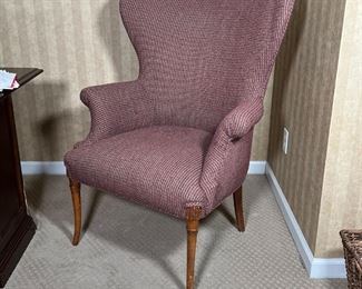 WINGBACK ARM CHAIR | Fabric upholstery with carved wood sabre legs; h. 40 x 33 x 32 in.