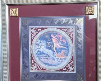 PAIR GRECO ROMAN ARTWORK | Depicting the Roman gods Mars and Apollo on chariots with gilt highlights and within gilt key borders, framed behind glass with gilt appliques on glass, with Vanguard Studios, Los Angeles label on verso; sight 14-1/4 x 14-1/4 in., overall 24-1/2 x 24-1/2 in.
