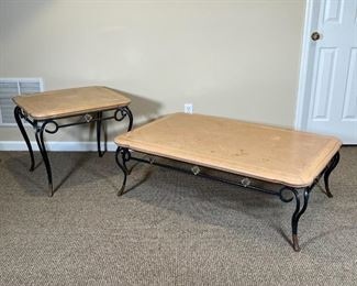 (2pc) ITALIANATE TABLES | Including a coffee /  low table (16 x 50 x 31-1/2 in.) and a matching side table (23 x 26 x 23 in.), both with light, white wash wood tops on metal scroll frames with floral accents, made in USA [some scratches to surfaces]