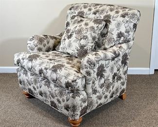 ETHAN ALLEN ARMCHAIR | Custom floral fabric upholstery and a matching pillow, with bun feet in the front; h. 34 x 31 x 34 in.