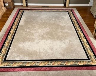 COLORBLOCK AREA RUG | Custom-made carpet with a mostly grey-tan field and a black and braided red middle border; 8 x 12 ft.