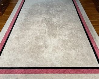 COLORBLOCK AREA RUG | Custom-made carpet with a mostly grey-tan field and a black and braided red middle border; 8 x 12 ft.