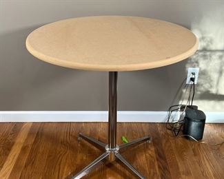WOOD SIDE TABLE | Round wood top cafe / bistro-style side table with silver metal base, includes gold table cloth and brown cover with twisted cord fringe to create a skirted side table; h. 29 x 30 in.