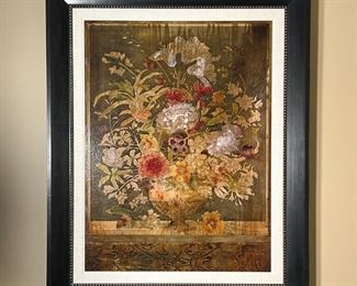 GICLEE STILL LIFE | Framed giclee art print in a black frame, table top still life with potted flowers; overall 51 x 41 in.