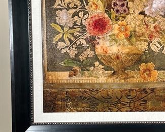 GICLEE STILL LIFE | Framed giclee art print in a black frame, table top still life with potted flowers; overall 51 x 41 in.