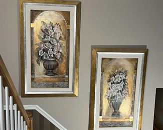 PAIR STILL LIFE on CANVAS | Oil on canvas paintings by Laura Dillon, showing flowers in a vase with gilt highlights over a Greek key border, each in gilt frame; overall 59-1/2 x 35-1/2 in.