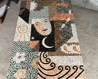 MOSAIC LOW TABLE | Mosaic low table depicting a woman's face and nature scenes, patinated wire frame legs; 16-1/2 x 32 x 48 in.
