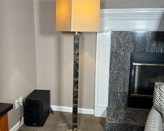 ARTERIORS FLOOR LAMP | Floor lamp by Arteriors Homes with marbled acrylic design on a silver metal base, with a beige square shade; overall h. 65-1/2 in.