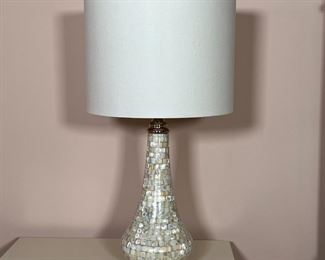 PEARL STYLE TABLE LAMP | Pier1 Imports mother-of-pearl-style mosaic table lamp with a round cylindrical shade; h. 26 in.