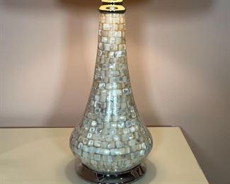 PEARL STYLE TABLE LAMP | Pier1 Imports mother-of-pearl-style mosaic table lamp with a round cylindrical shade; h. 26 in.