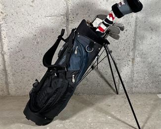 GOLF CLUBS | Titleist Pro Titanium 10.5 degree 975J driver, Dunlop Vision Tour 5 fairway driver, Excalibur Inversion 16 degree fairway driver, 8pc Nicklaus Airbear Iron set (3, 4, 5, 6, 7, 8, 9, P), TopFlite XL2000 sand wedge, Olin A Dutra Grand Slam Reg 200 putter, Mustang putter, all in a Physics golf bag