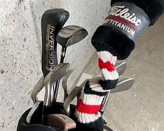 GOLF CLUBS | Titleist Pro Titanium 10.5 degree 975J driver, Dunlop Vision Tour 5 fairway driver, Excalibur Inversion 16 degree fairway driver, 8pc Nicklaus Airbear Iron set (3, 4, 5, 6, 7, 8, 9, P), TopFlite XL2000 sand wedge, Olin A Dutra Grand Slam Reg 200 putter, Mustang putter, all in a Physics golf bag