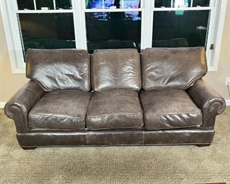 PEARSON CUSTOM GRAY LEATHER SOFA | American made three-seat gray leather sofa by Pearson; h. 32 x 36 x 78 in.  [High quality and thick leather upholstery, signs of normal wear as pictured]