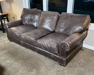 PEARSON CUSTOM GRAY LEATHER SOFA | American made three-seat gray leather sofa by Pearson; h. 32 x 36 x 78 in.  [High quality and thick leather upholstery, signs of normal wear as pictured]