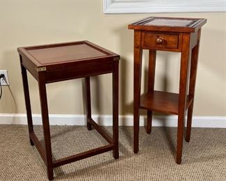 (2pc) WOOD SIDE TABLES | Including a square side table by The Bombay Company with brass corner accents (26 x 17-3/4 x 17-1/2 in.) and a tall stand with a single drawer and medial shelf, with inlaid wood on the top (h. 32 x 13-3/4 x 13-3/4 in.)