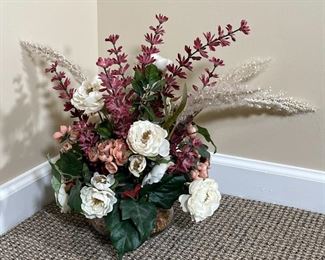 FAUX BOUQUET & VASE | Faux bouquet of assorted flowers in a short glass vase; approx. h. 16 in.