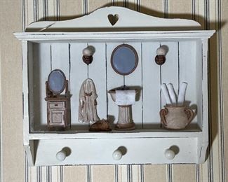 SHADOWBOX ART | Shadowbox miniature diorama of a bathroom scene, with three hooks; 10-1/2 x 12 x 2-1/2 in.