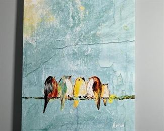 BIRD ART on CANVAS | Print on canvas with hand painted embellishments, illegibly signed in print lower right corner, unframed; h. 23-1/2 x 18 in.