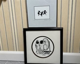 (2pc) YOUTHFUL ARTWORK | A framed paper cutout silhouette of three children engaged in merrymaking, titled "Some Fun" and pencil signed by Marcia Guthrie lower right (overall 8 x 8 in.); plus a framed cartoon print of two children in looking in the mirror, with printed signature "McCracken", matted in tondo (overall 11 x 11 in.)