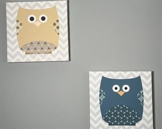 PAIR OWL ART | Children's wall art, prints of geometric owls on canvas, unframed; each 12 x 12 in.