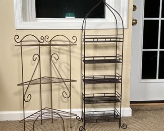 (3pc) WIRE SHELF UNITS | Three small wire shelf units, including two corner shelves and a standalone five-tier shelf with scrolled feet (h. 43-1/2 x 12 x 6-1/2 in.)