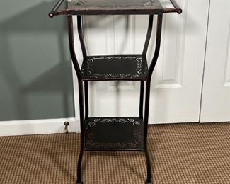 METAL SIDE TABLE STAND | Three tier metal side table with open work accents on each shelf, brushed bronze color, four legs; h. 28-1/2 x 13-1/2 x 19 in.