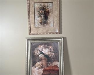 (2pc) FLORAL STILL LIFE PRINTS | Including a giclee print of a floral still life on canvas with heightened embellishments, in a silvered frame (overall 25-1/2 x 21-3/4 in.), and a print depicting a potted pear tree plant matted in a carved frame (overall 21-1/2 x 18 in.)