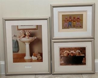(3pc) ANNE GEDDES BABY PRINTS | All framed prints behind glass, featuring "Washbasin Babies" (overall 15 x 12 in.), "Bathtub Babies" (overall 9 x 11 in.) and one of assorted babies holding onto a bar (overall 9 x 11 in.)