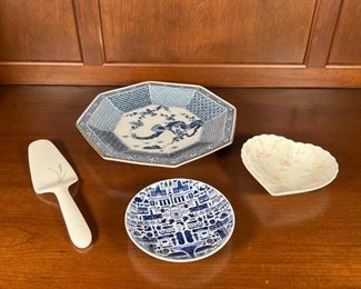 (4pc) TIFFANY & OTHER DISHES | Including a large Tiffany & Co. chinoiserie blue & white octagonal plate (dia. 11-1/2 in.), a floral heart-shaped dish by Mikasa; a modern design blue & white round dish by One Singapore Supermama x Kihara Artefacts 2015; and a Christopher Stuart Iris Bone China Cake Pie Server Floral Design Y1519 flower (10-1/2 in.)