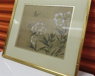 Chinese print in gold tone bamboo frame