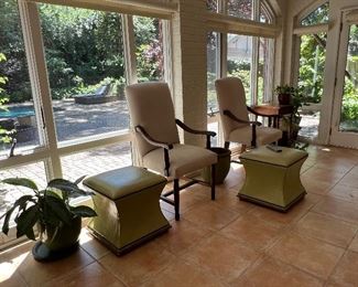 PAIR OF ARM CHAIRS AND OTTOMANS