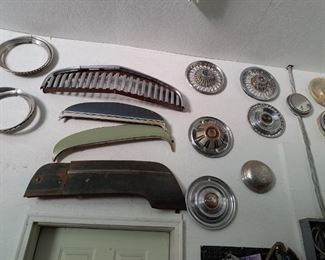 Vintage car grills and hub caps 