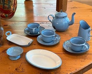 Superb antique blue granite ware Childs tea set 