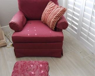 OCCASIONAL CHAIR, COORDINATING FOOT STOOL (PILLOW WAS KEPT BY FAMILY)