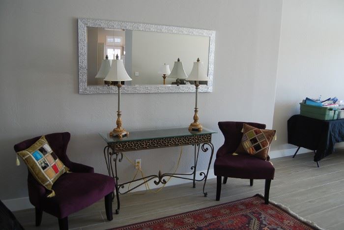 WALL MIRROR, ACCENT CHAIRS, SOFA TABLE, LAMPS, DECORATOR PILLOWS