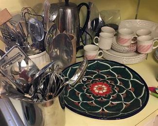 Coffee pot, kitchen utensils, dishes