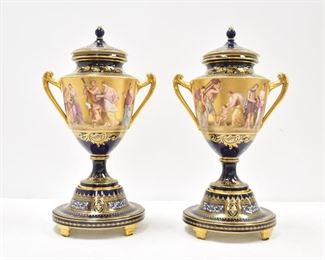 (Pr) Large Royal Vienna Covered Urns on Pedestals 