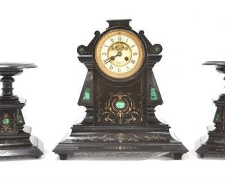 (3)PC French Malachite Inlaid Clock Set 