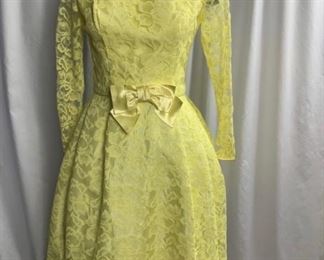 Yellow lace dress. shoulder to shoulder 14.5 inches, shoulder to waist 14 inches, shoulder to hem 38 inches, chest 34 inches, waist 26.5 inches, sleeves 21 inches. $40 shipping included.