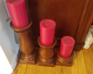 Three Large Wooden Candle Stands with Candles