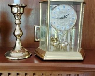 Brass Clock and Candlestick Holder