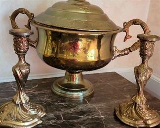 Brass Ornamental Urn and Candlesticks