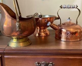 Copper Kitchen Pieces with Blue and White Ceramic Handles