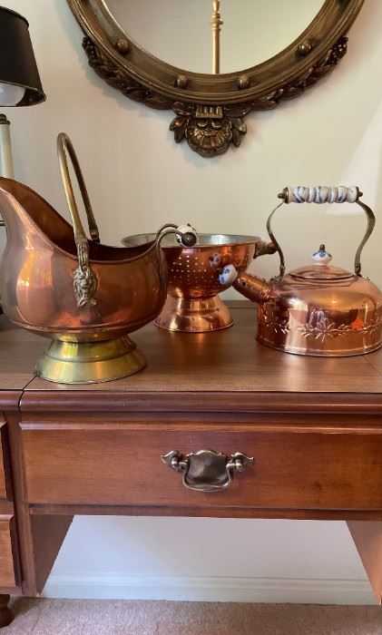 Copper Kitchen Pieces with Blue and White Ceramic Handles