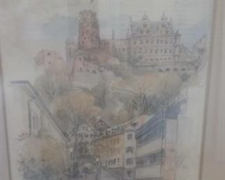 Framed Heidelberg Watercolor and Pencil Art