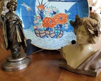 Heavy Roman Statue, Japanese Sculpture, and Decorative Painted Plate